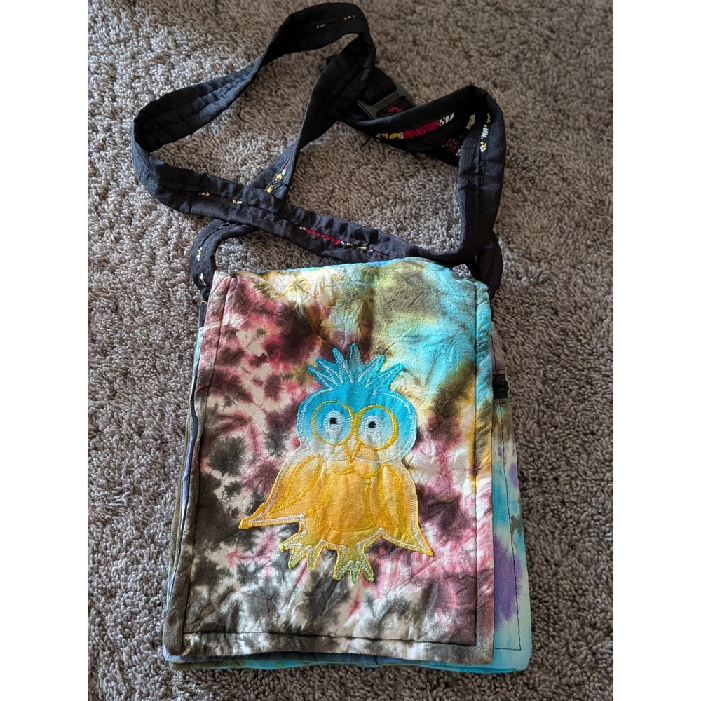 Rising International Tie Dye Owl Crossbody‎ Bag Cotton Nepal Boho Festival Blue